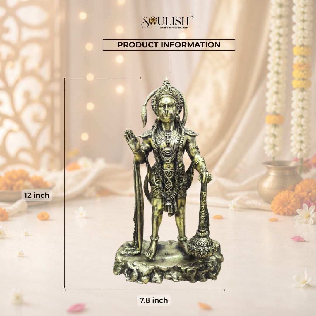 Lord Hanuman Standing on Stone Brass Idol | Handcrafted Brass Murti for Home Temple, Pooja & Spiritual Decor