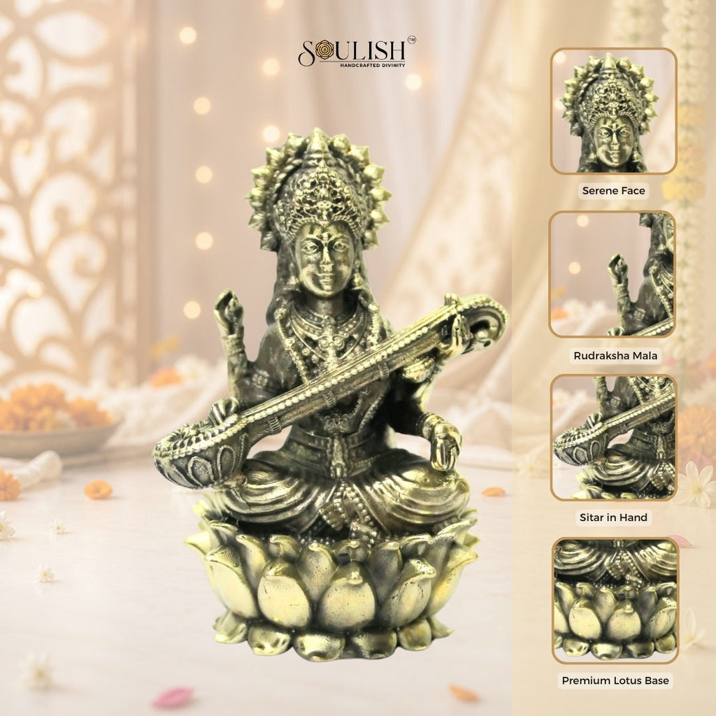 Saraswati on Lotus Brass Idol