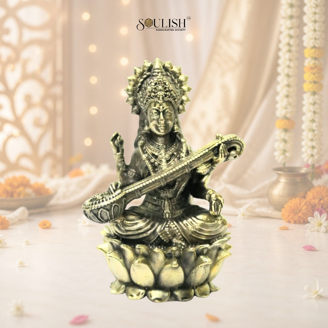 Saraswati on Lotus Brass Idol