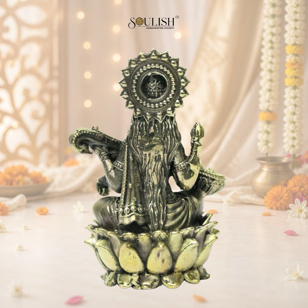 Saraswati on Lotus Brass Idol
