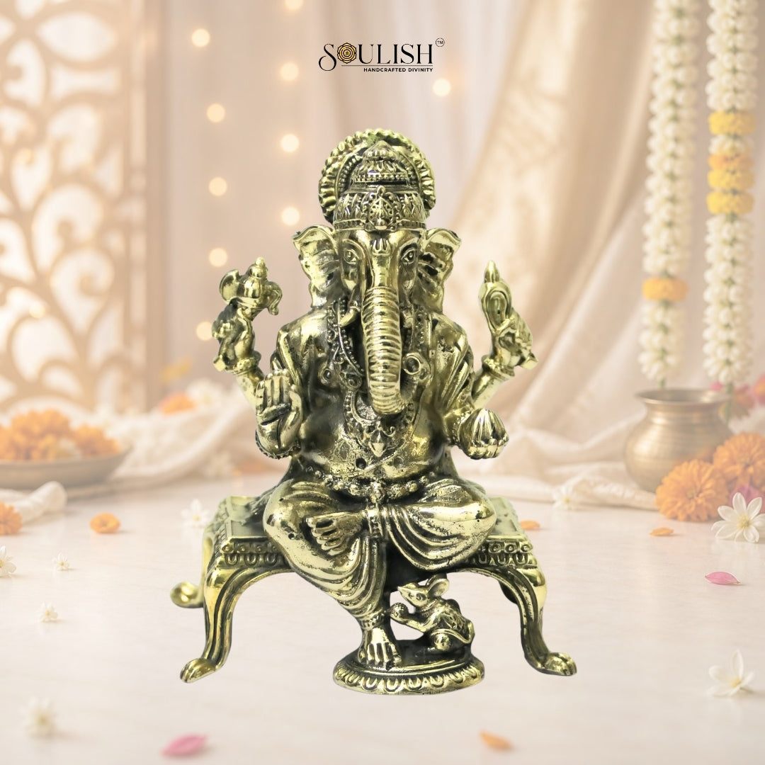 Ganesha Sitting on Sinhasan Brass Idol