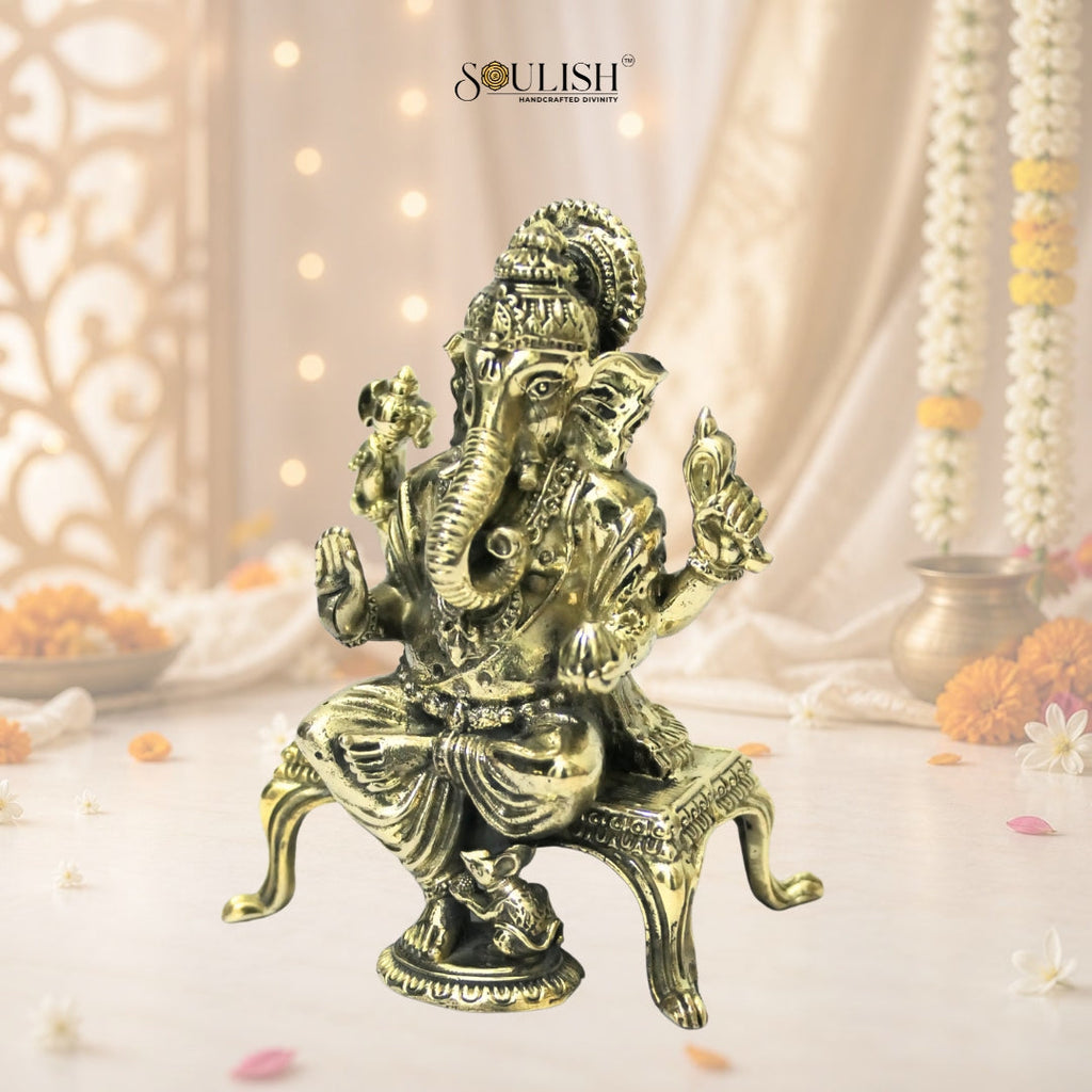 Ganesha Sitting on Sinhasan Brass Idol