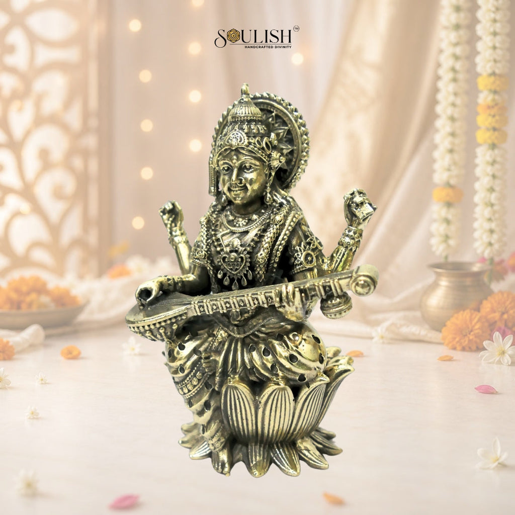 Saraswati on Lotus Playing Sitar Brass Idol