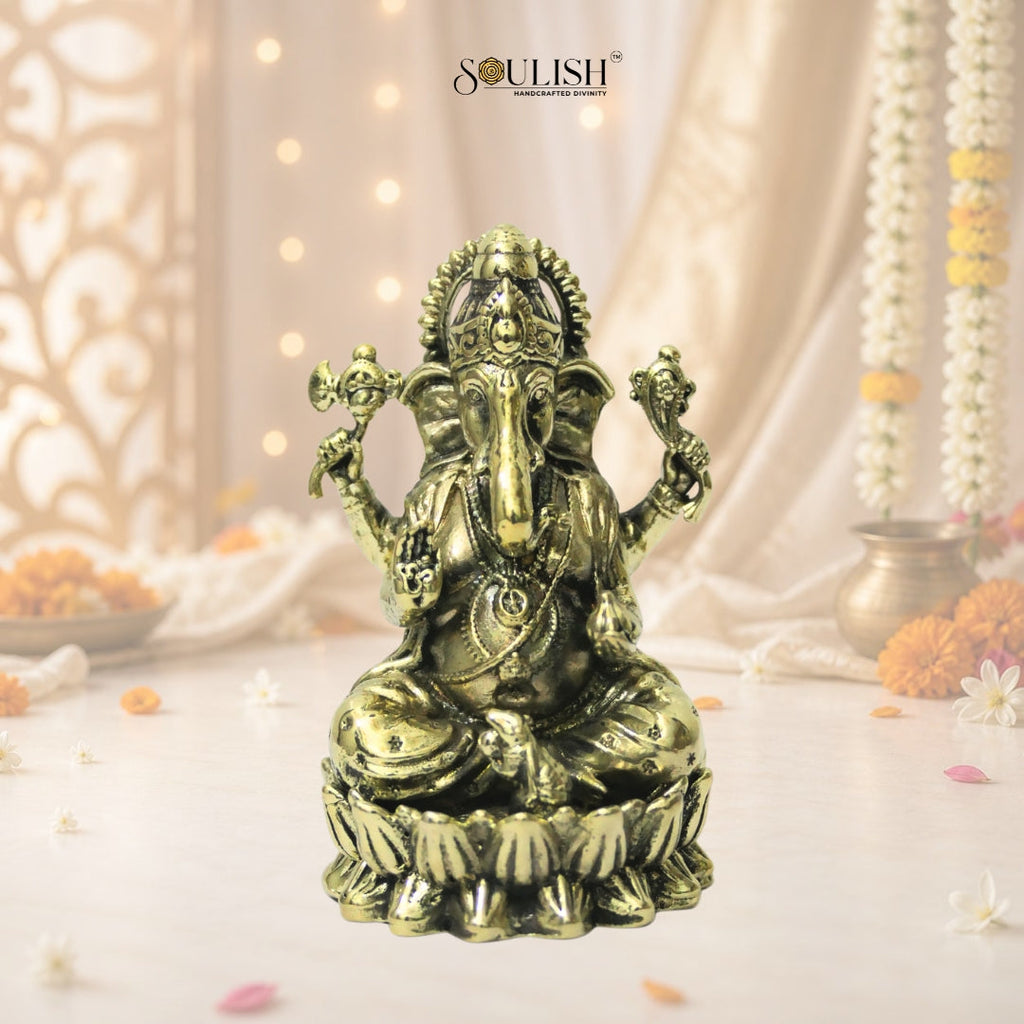 Lord Ganesha on Lotus Brass Idol – Auspicious Spiritual Home Décor