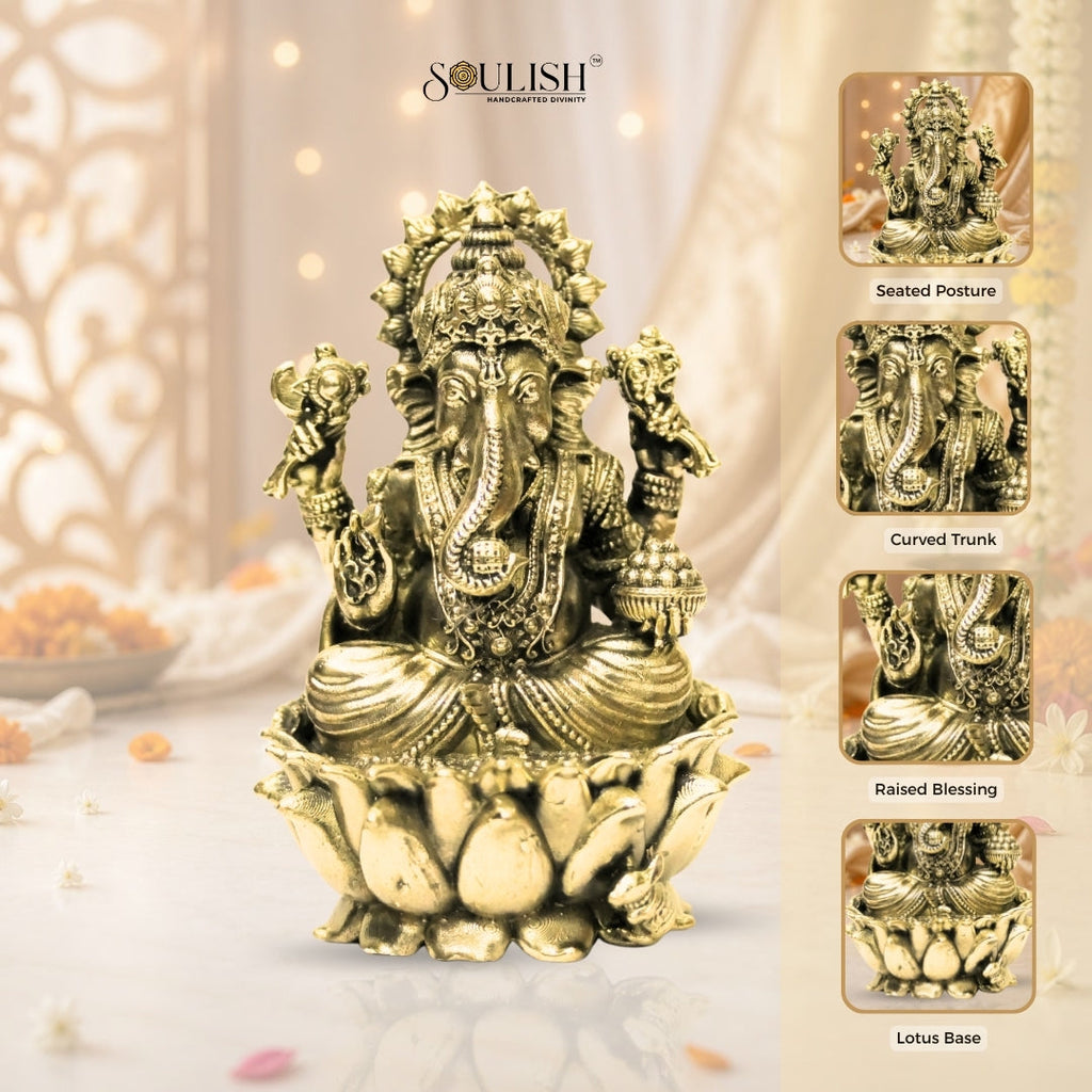 Lord Ganesha on Lotus Brass Idol – Auspicious Spiritual Home Décor